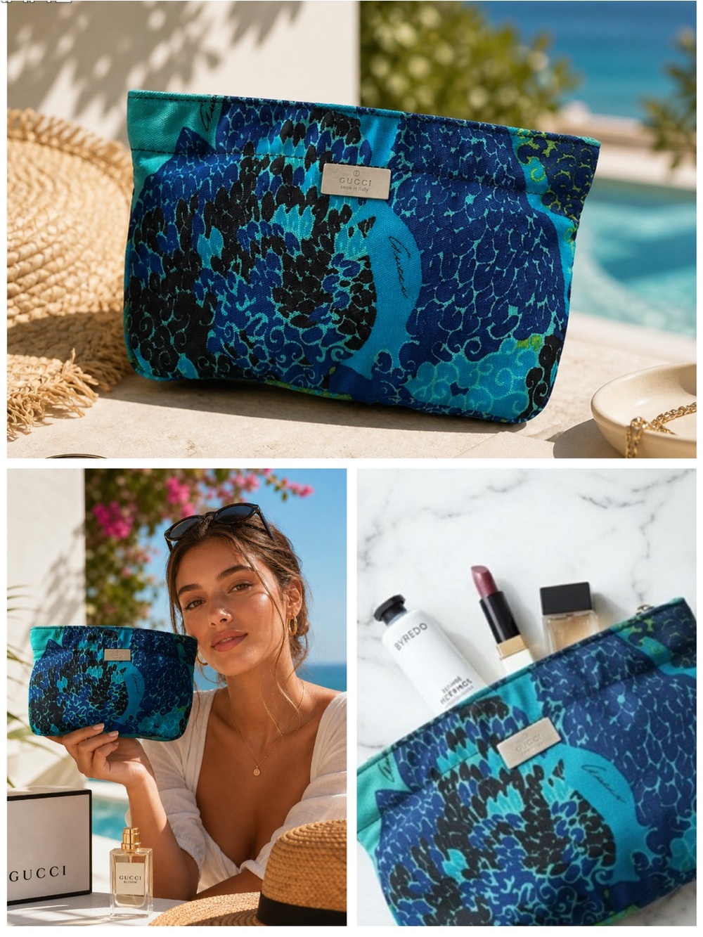 GUCCI Vintage Blue Green Abstract Print Cosmetic Pouch Makeup Bag Rare Authentic